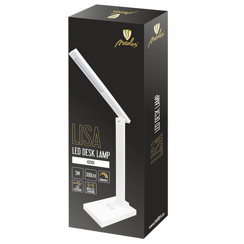 LED stolní lampa LISA 5W stmívatelná s bezdrátovou nabíječkou a USB - DL1202/W 5